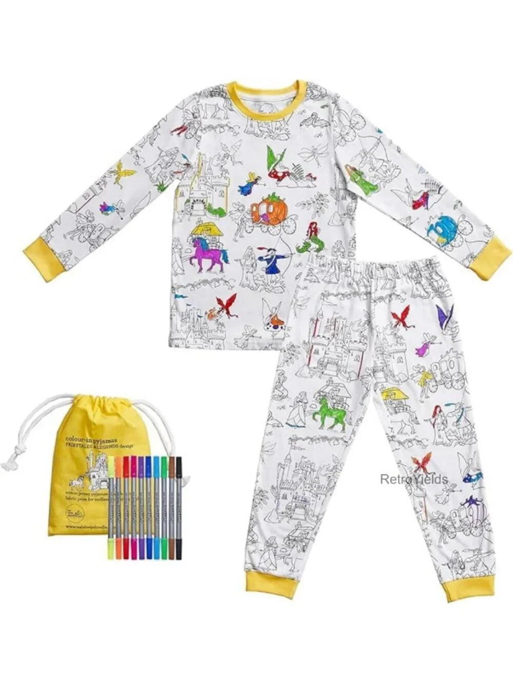 Kids Coloring Pajama Set with 10 Washable Markers, 100% Cotton, Long Sleeve,